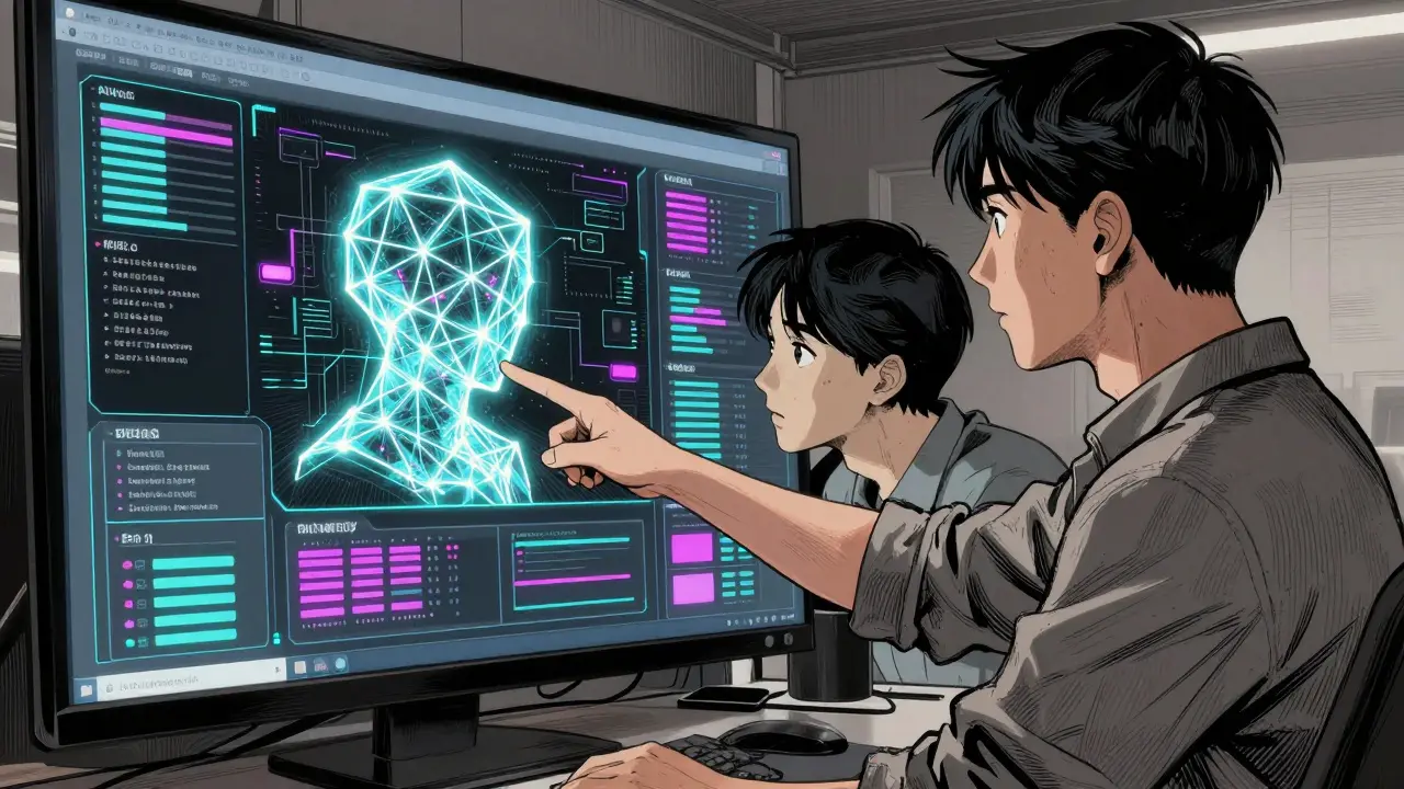 Designer and AI entity refining a dashboard prototype in high-contrast Gekiga style.