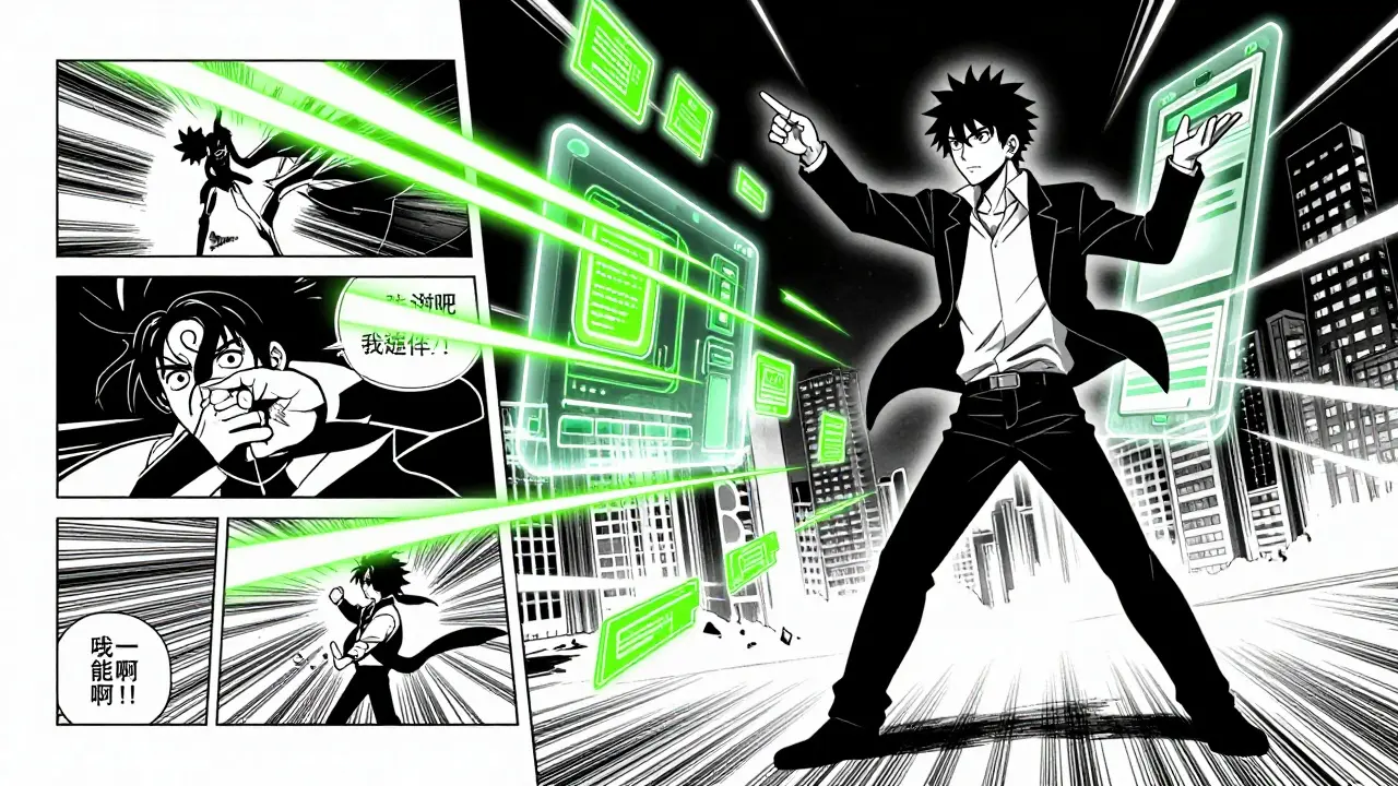 Designer commanding glowing code and UI elements in dynamic Gekiga manga art.