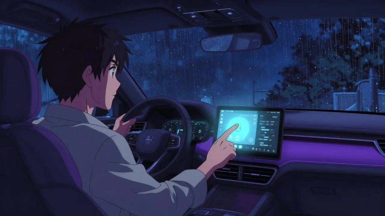 Driver interacting with AI voice assistant in a car at night
