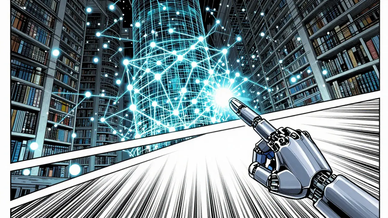 Dynamic manga scene of a vector database searching for relevant data nodes