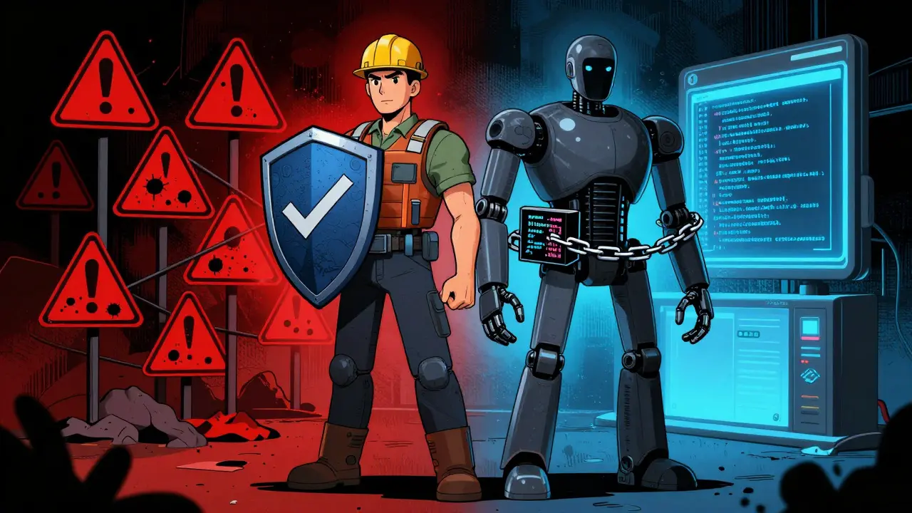 Engineer shielding against bugs with AI assistant nearby