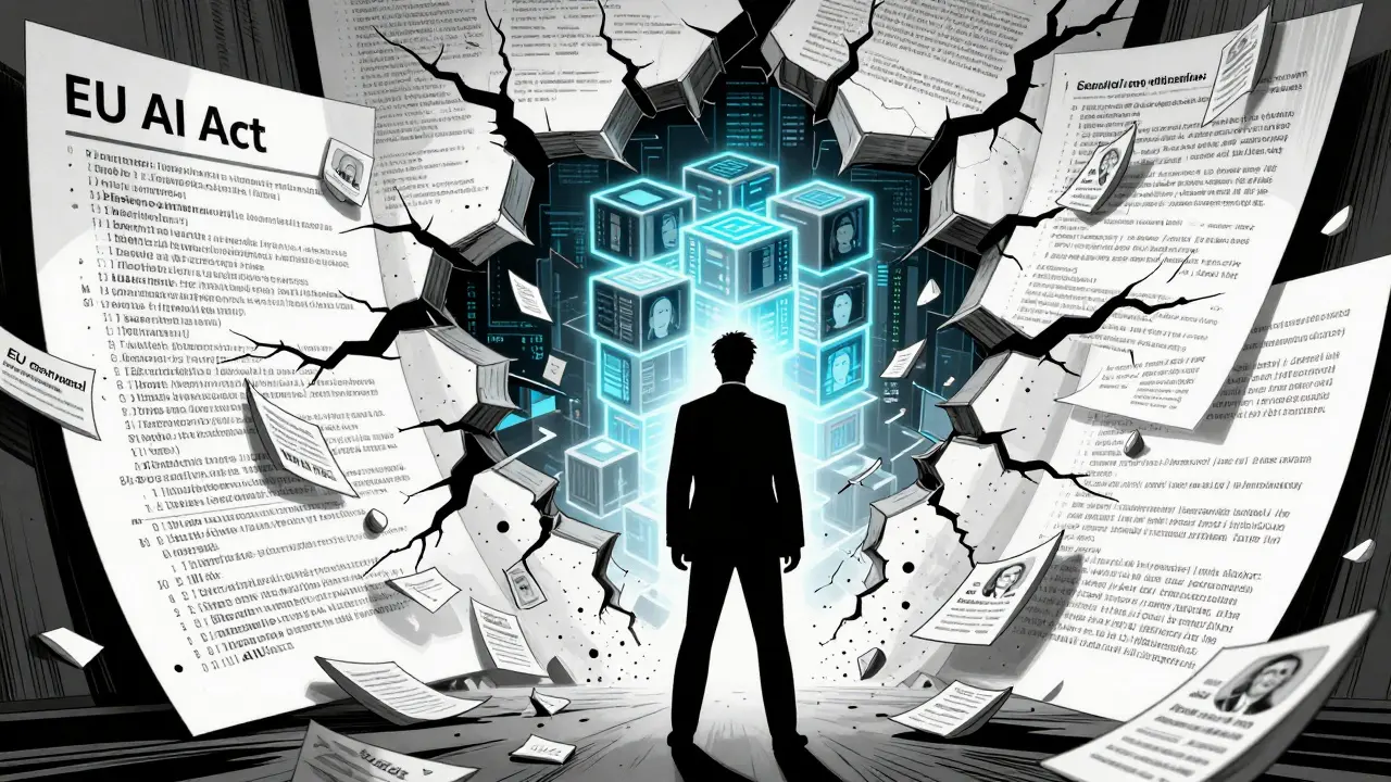 Executive managing complex AI regulations and anonymized data security layers.