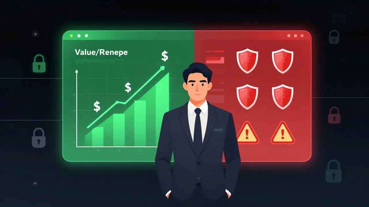 Executive reviewing balanced dashboard of AI value and risk metrics