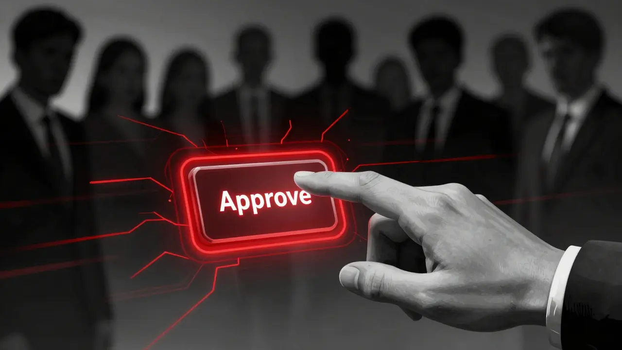Hand hovering over risky approve button in noir anime style