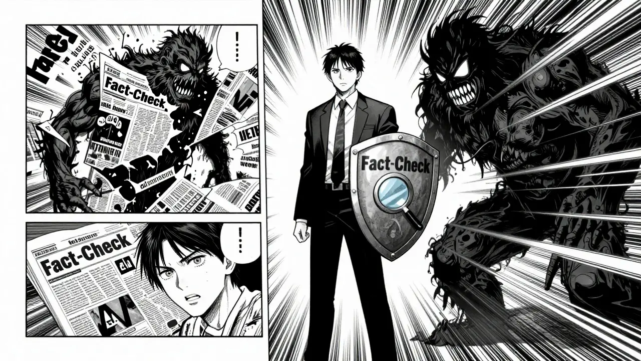 Journalist defending against misinformation monsters using fact-checking tools in manga art