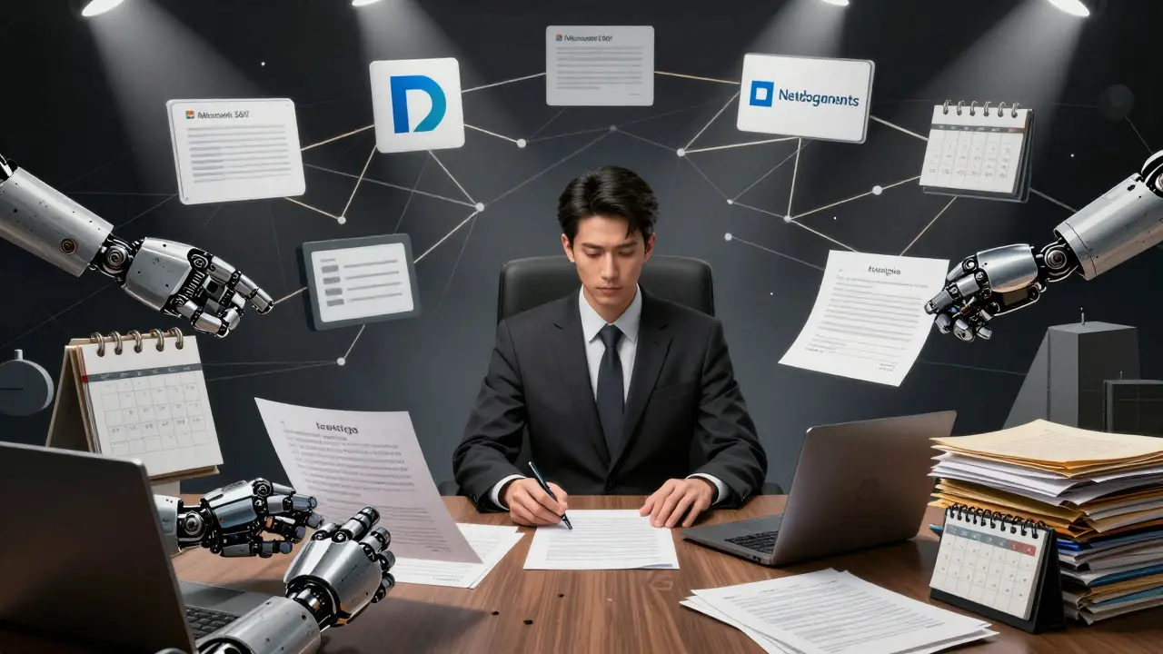 Lawyer working calmly while robotic agents handle administrative tasks