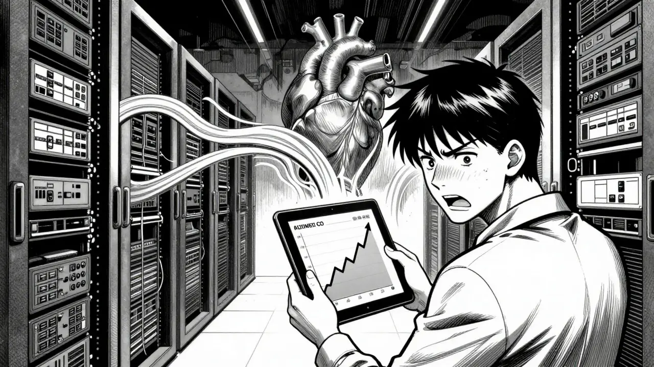 Manga artist monitoring latency and throughput graphs in server room