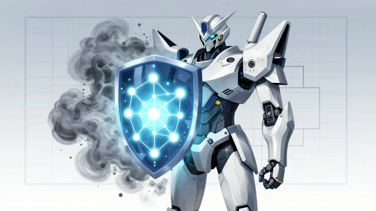 Manga style robot guardian shields AI system with knowledge graph rules