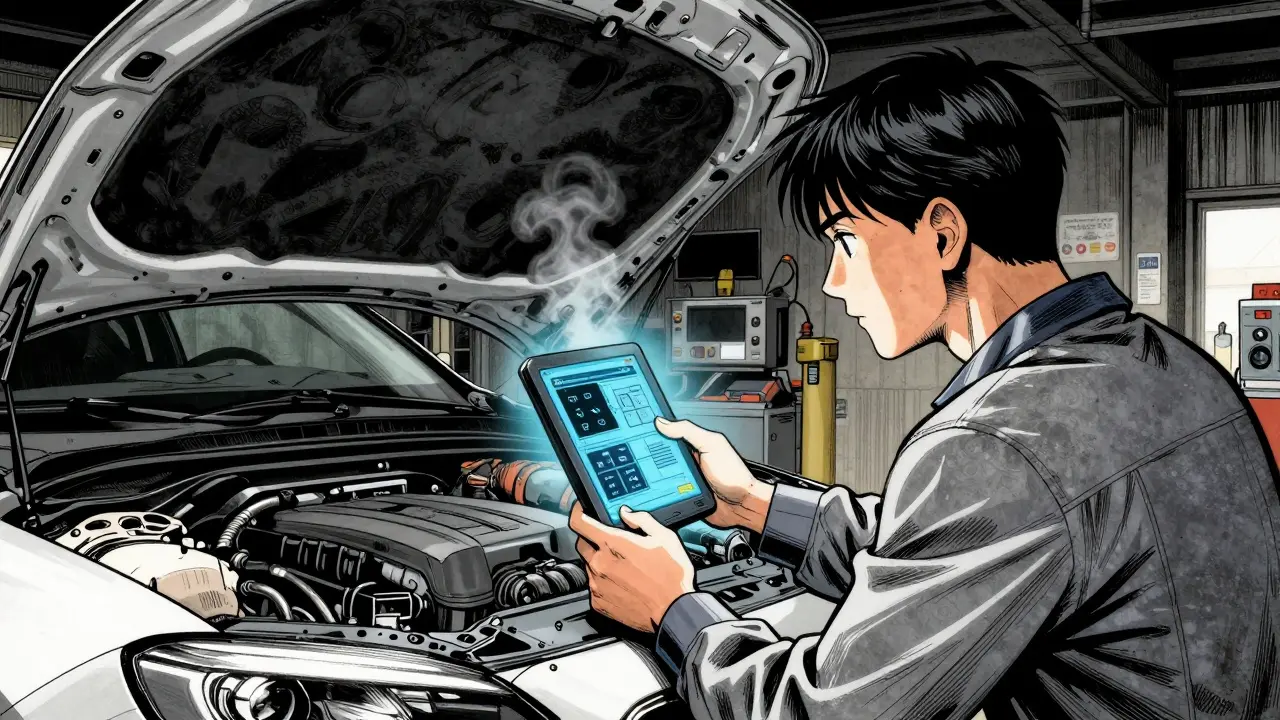 Mechanic using AI diagnostic tool in a dimly lit garage