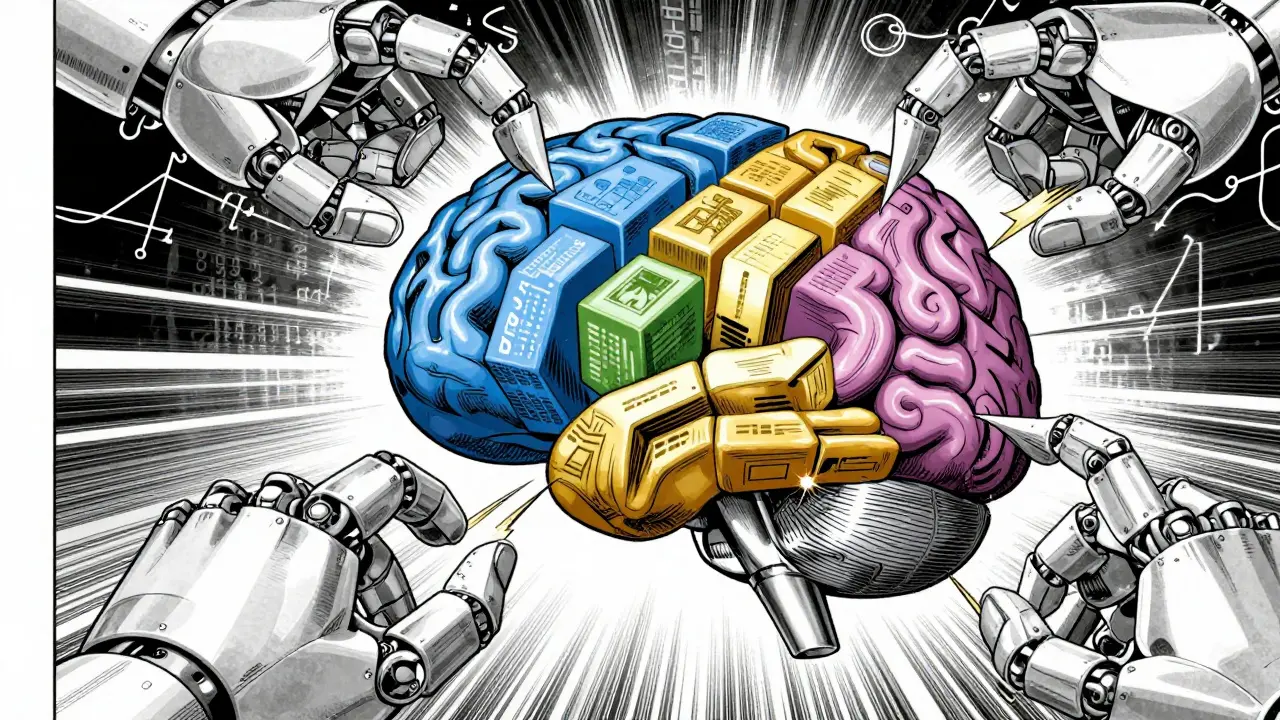 Mechanical hands assembling an AI brain from distinct colored blocks representing different data types.