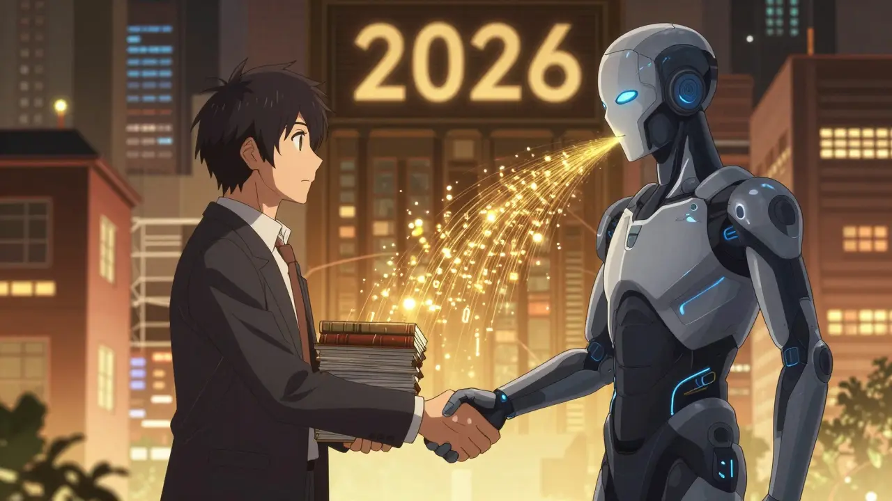 Publisher exchanging content for data value with an AI entity in a futuristic Gekiga scene