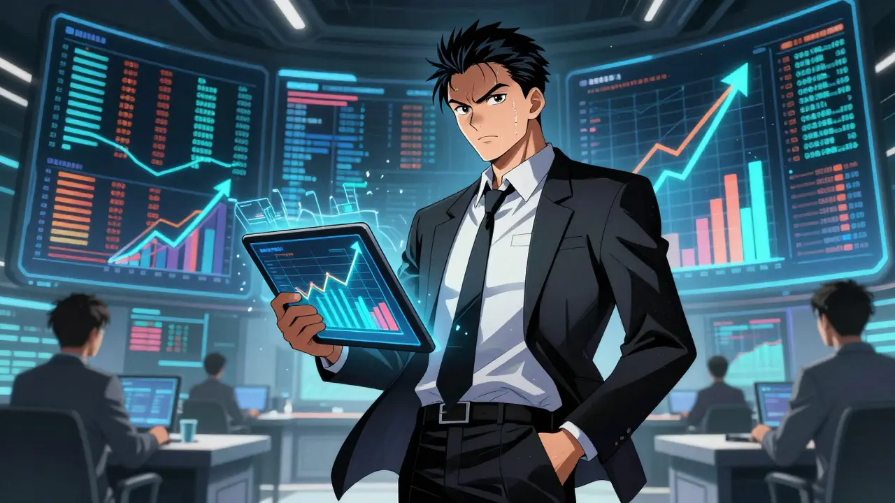 Sales analyst viewing holographic revenue growth charts in a high-tech command center.