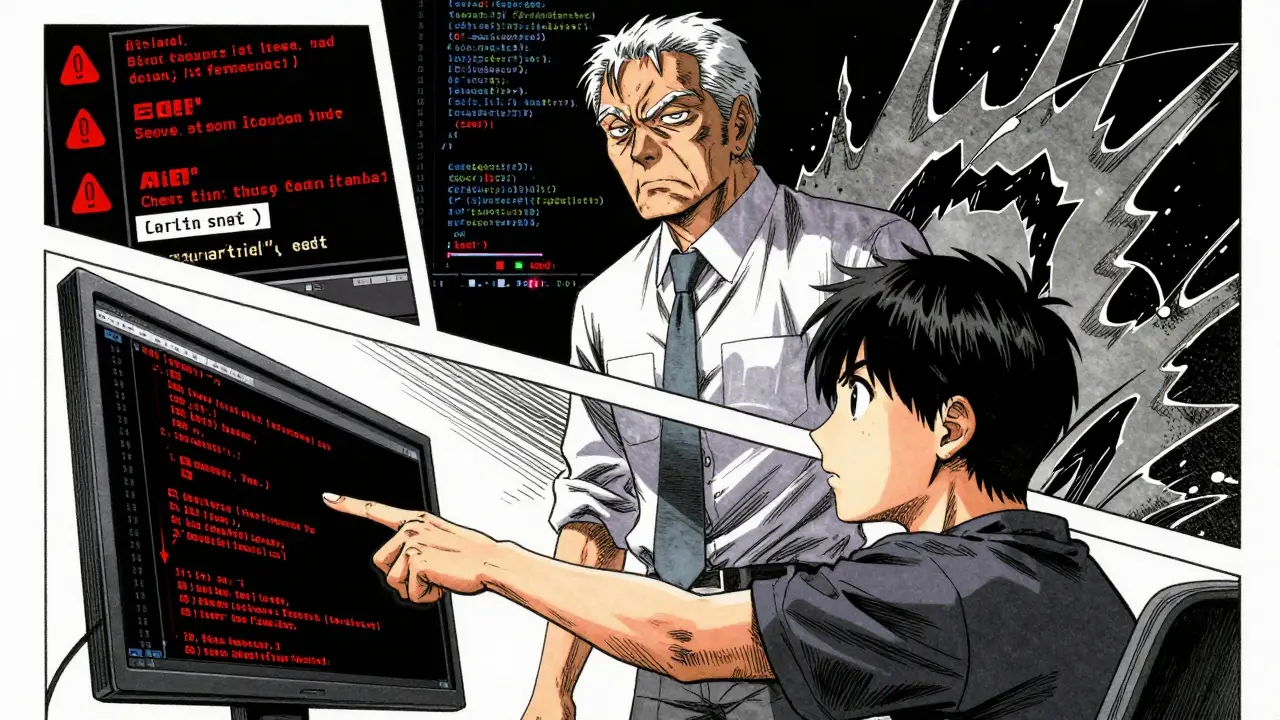 Senior engineer reviewing risky AI-generated code with junior dev