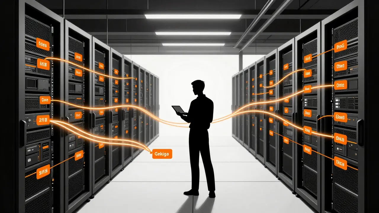 Server room with flowing data streams and metadata tags in Gekiga art style