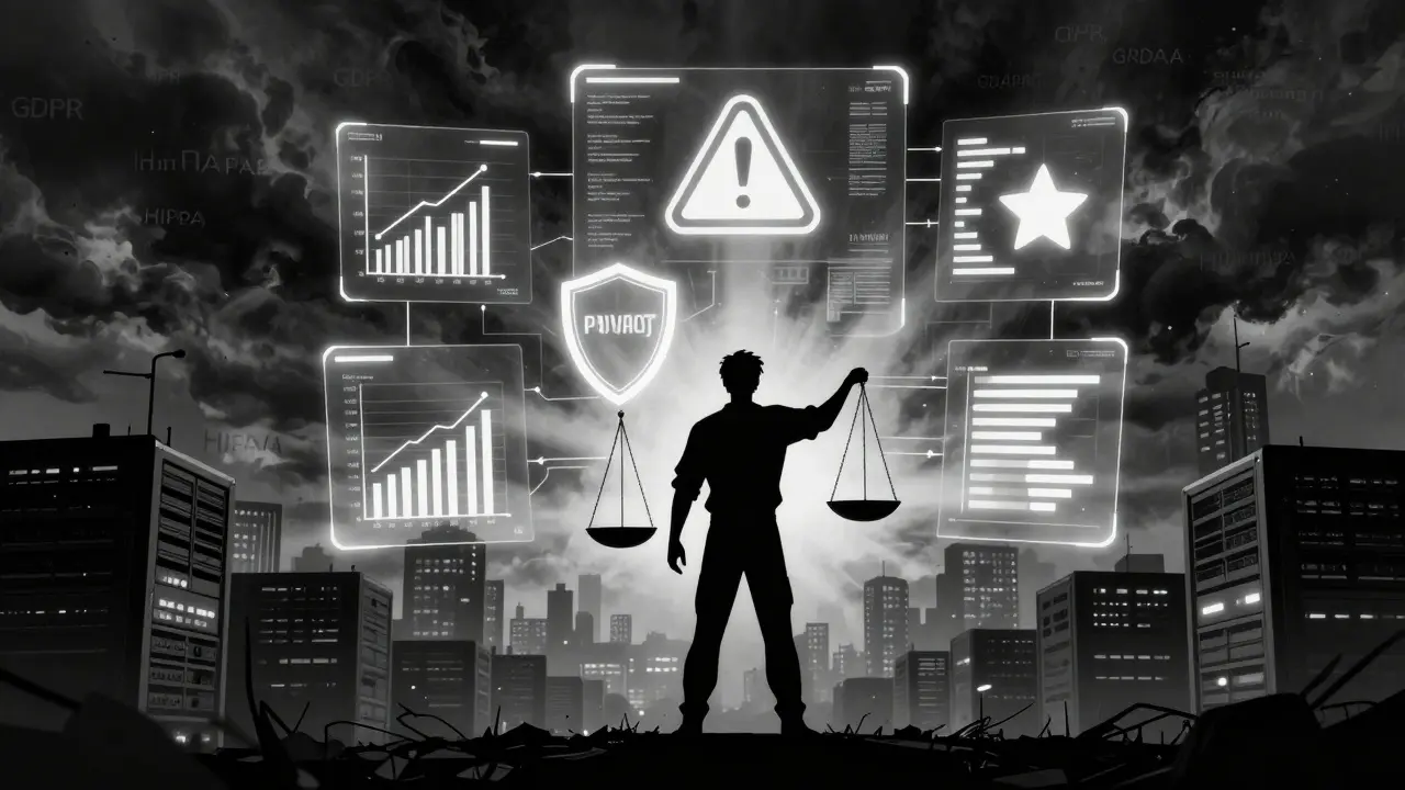 Silhouette of developer balancing privacy shield and performance