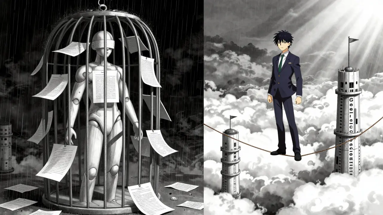 Split scene contrasting a trapped, overfitted AI model with a balanced one on a tightrope.
