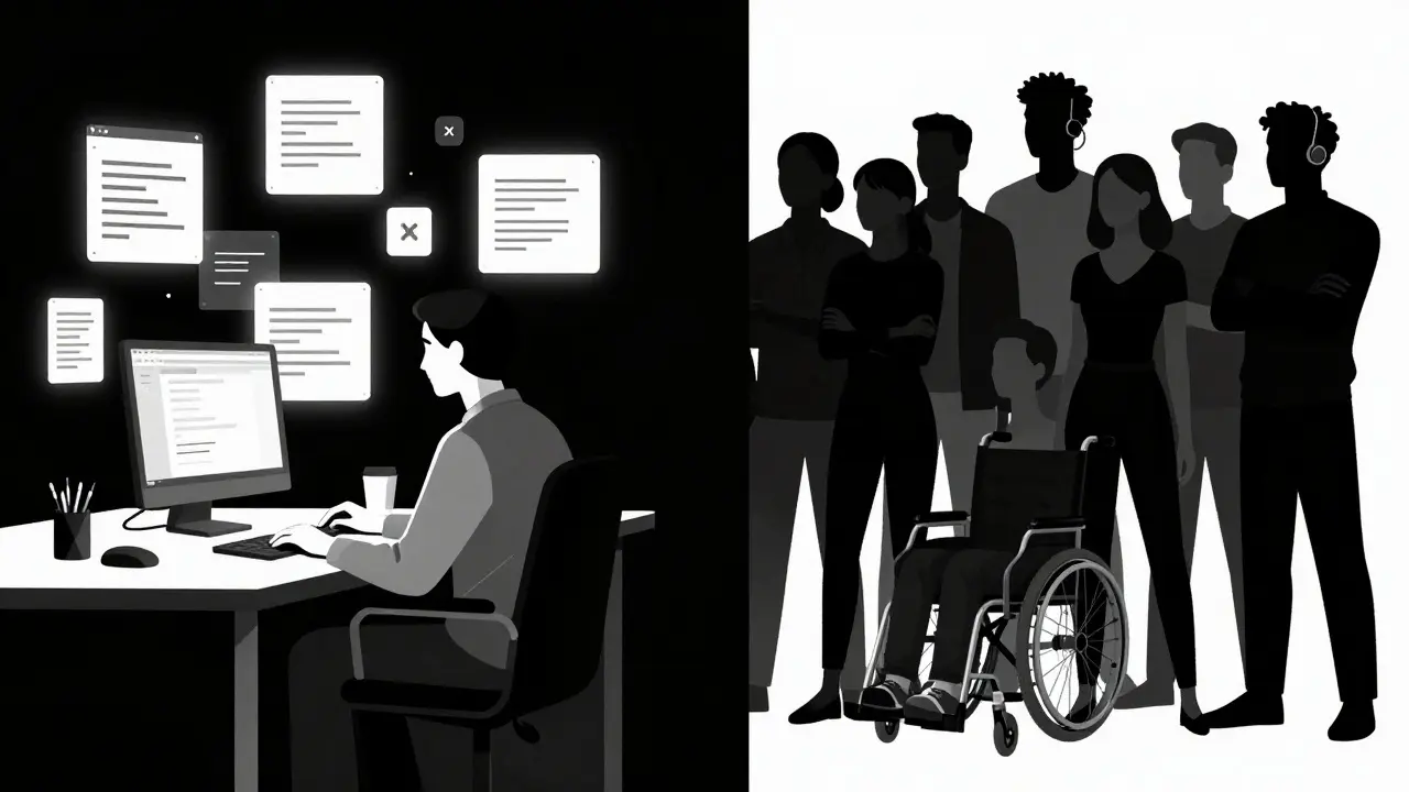 Split view of biased data development versus diverse disabled users in high-contrast art.
