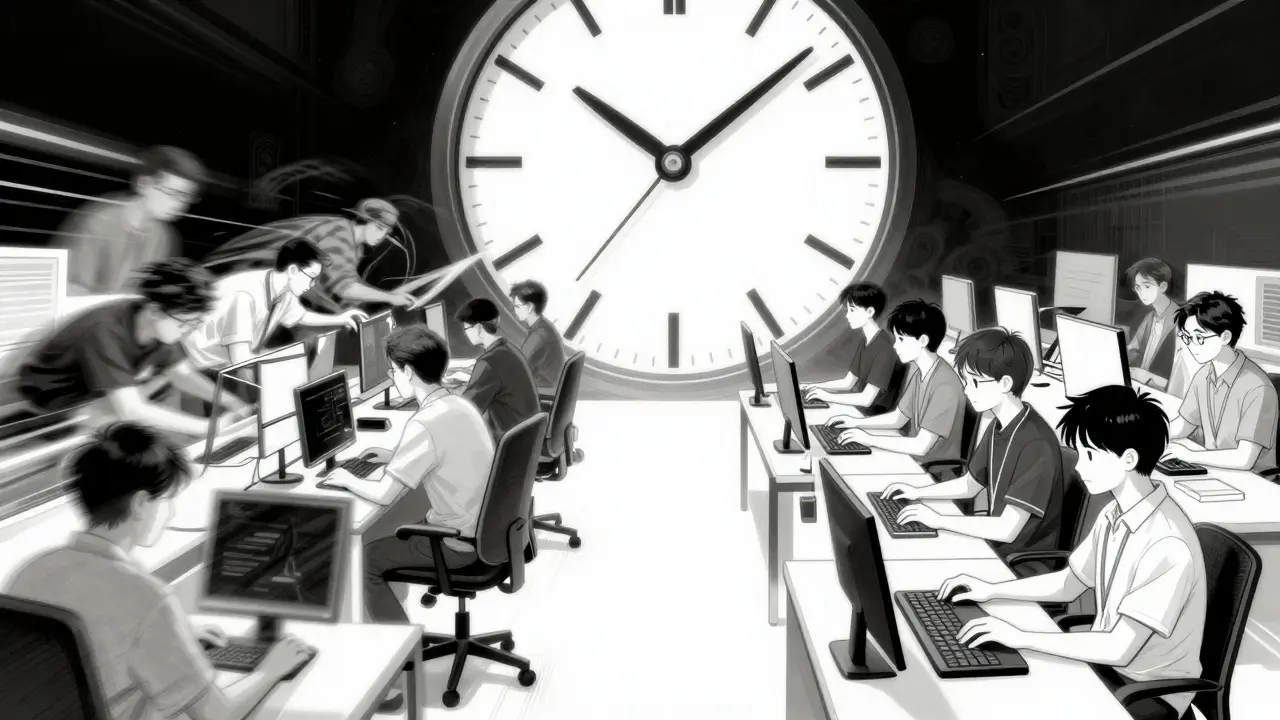Split view of chaotic vs calm dev teams under a giant clock