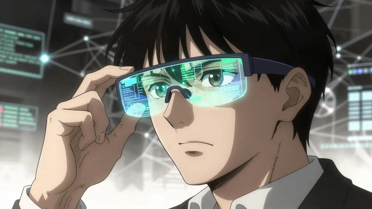 Strategist analyzing unified data streams through AR glasses