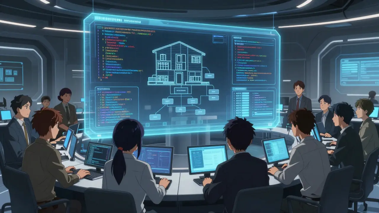 Team collaborating on architecture with AI handling routine tasks