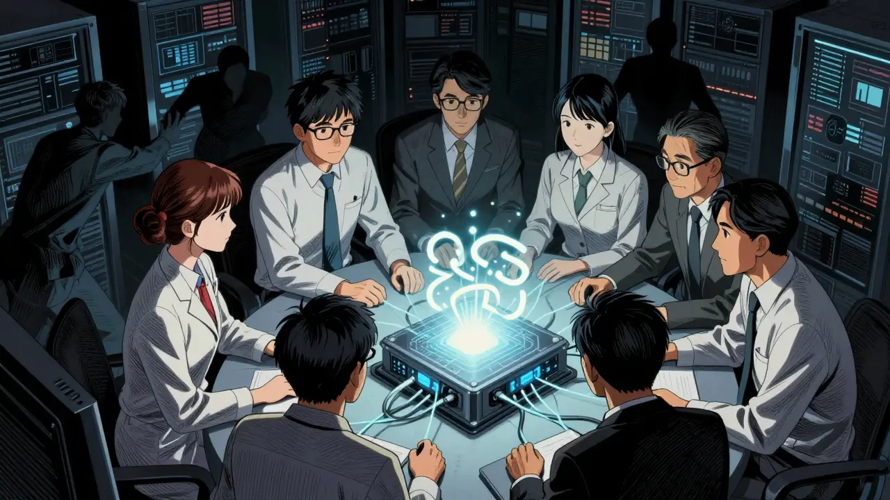 Team integrating data sources around a glowing server node in a dramatic manga style.