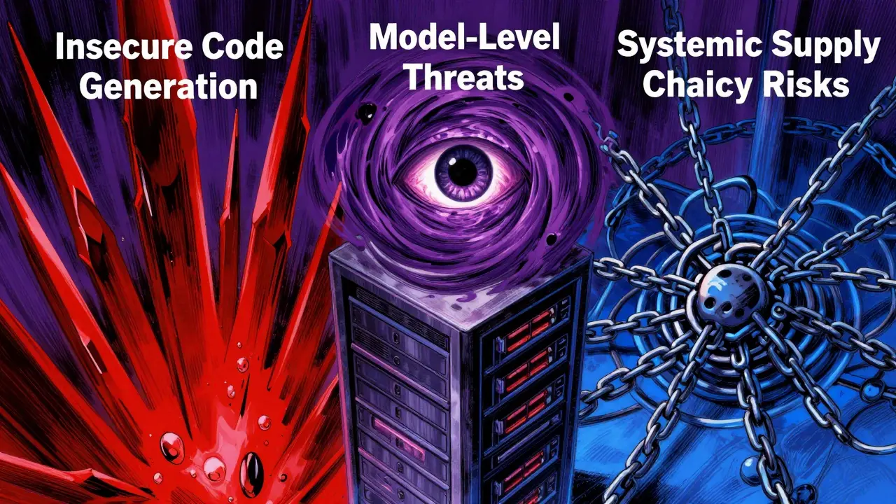Three symbolic threats surrounding a server: red shards, vortex, and tangled chains