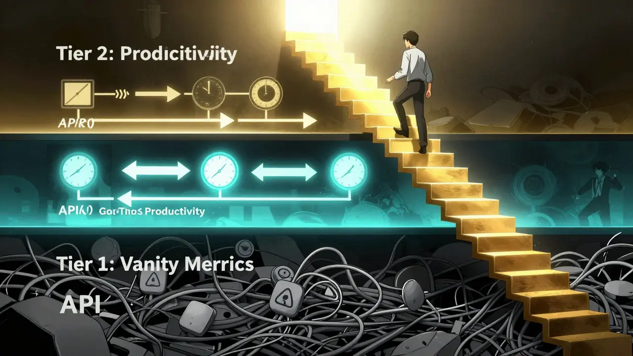 Three-tier ladder showing progression from vanity metrics to revenue