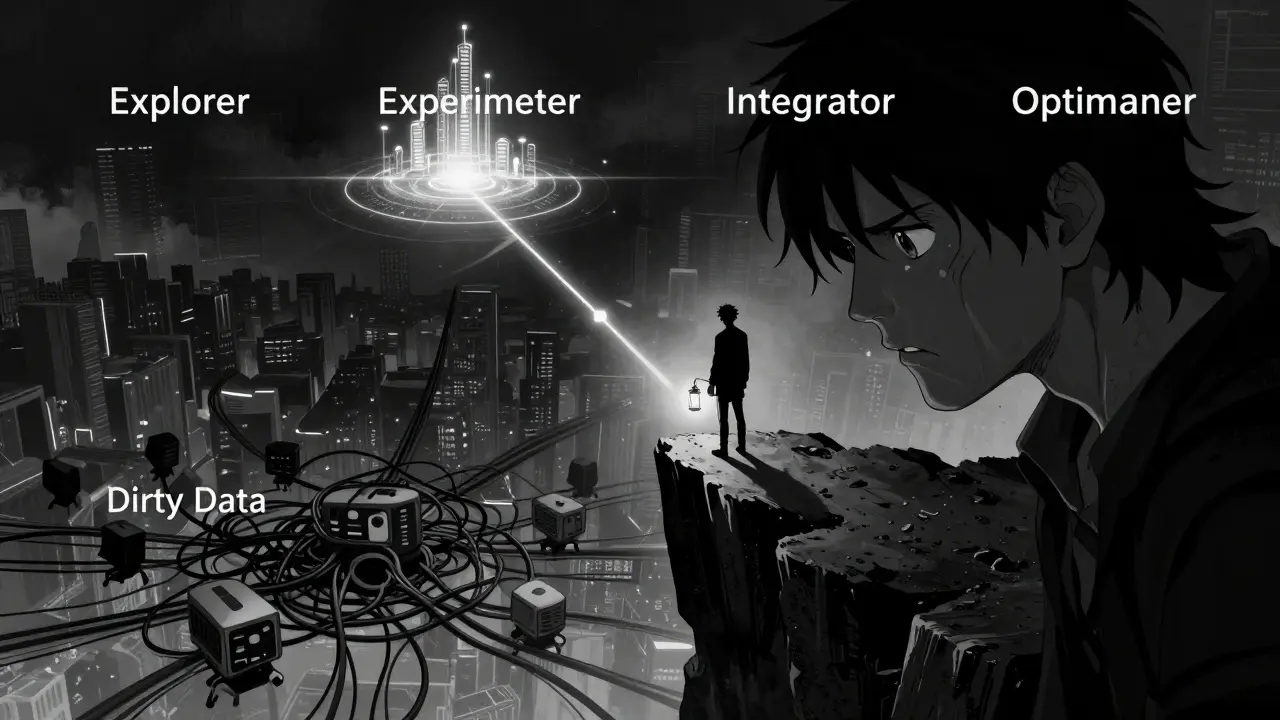 A figure navigating the steep climb of AI maturity stages above tangled data shadows.