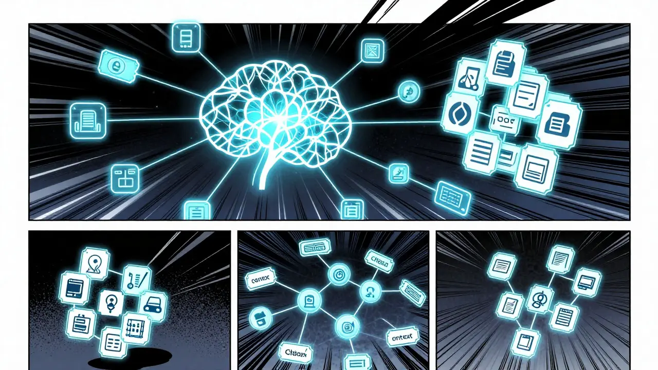 Abstract visualization of AI linking similar support tickets via neural networks in Gekiga style