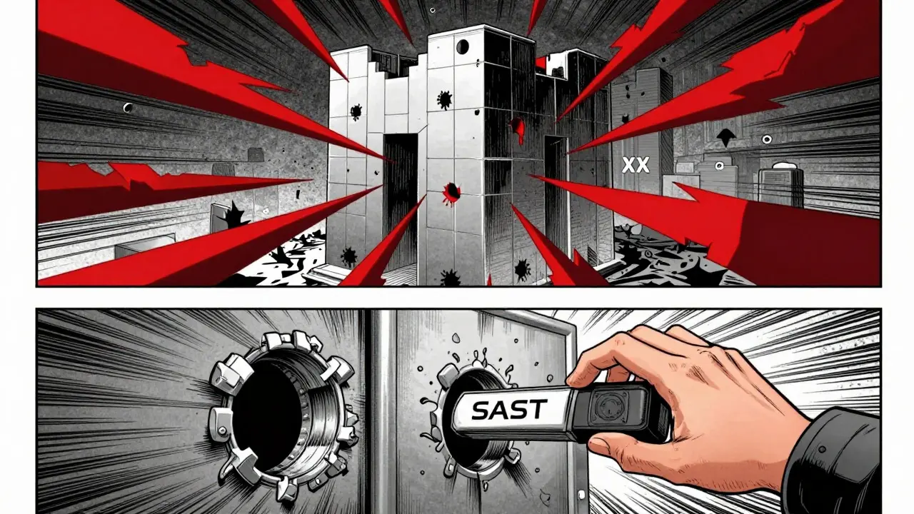 Abstract visualization of code vulnerabilities breaching a digital defense system in manga art.