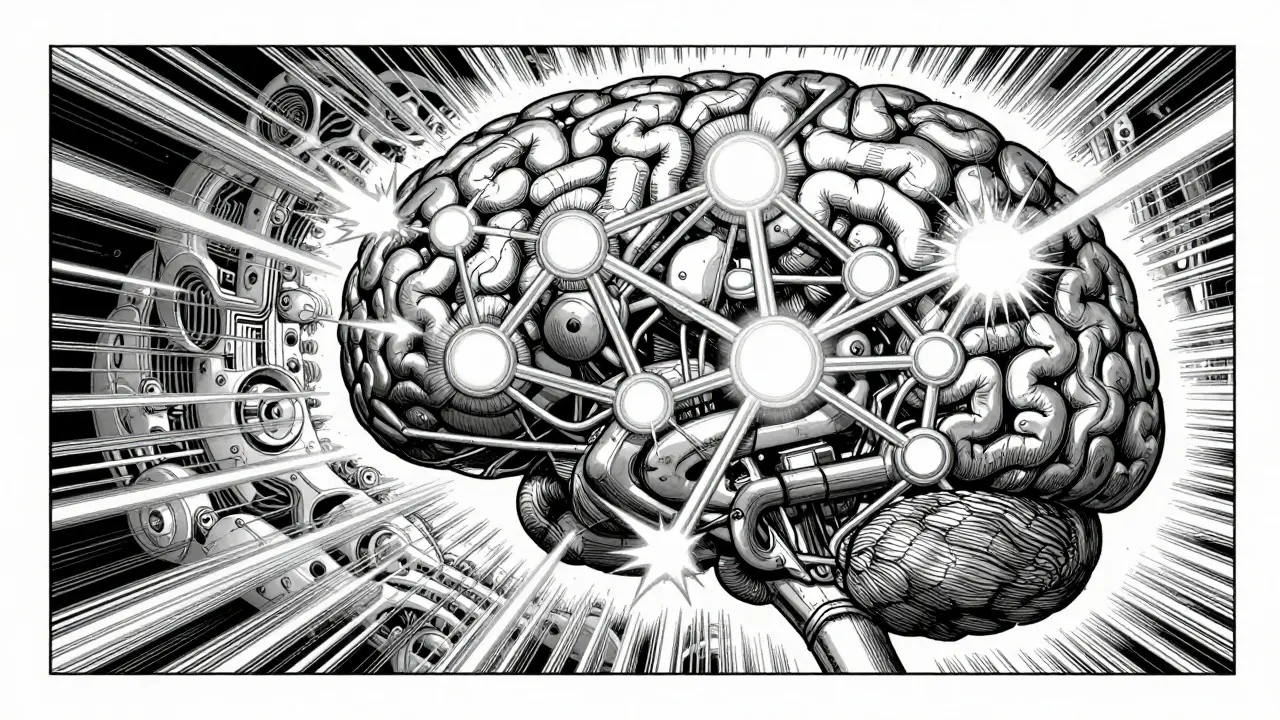 Abstract visualization of MoE neural network architecture with glowing active nodes.