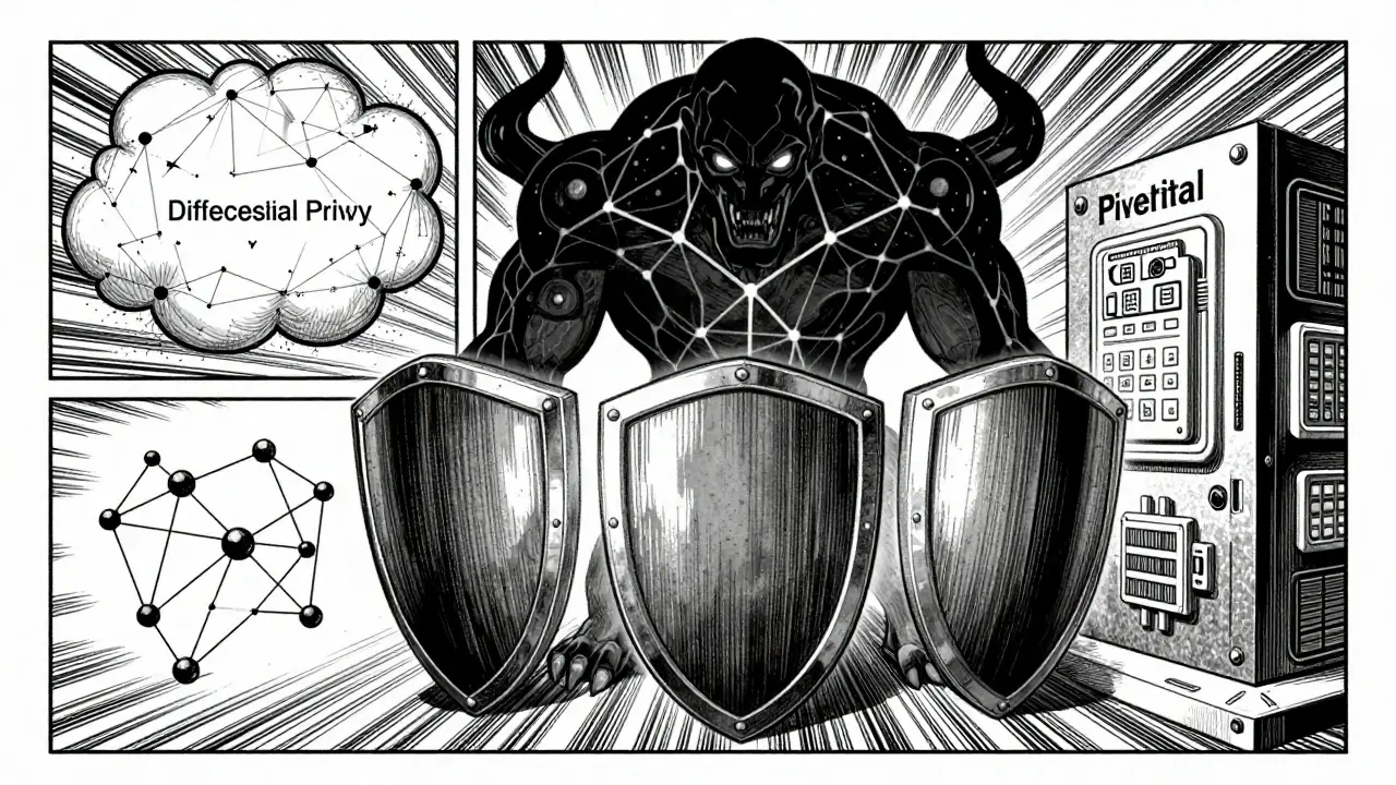 Anime illustration of AI privacy shields protecting against a neural network beast.