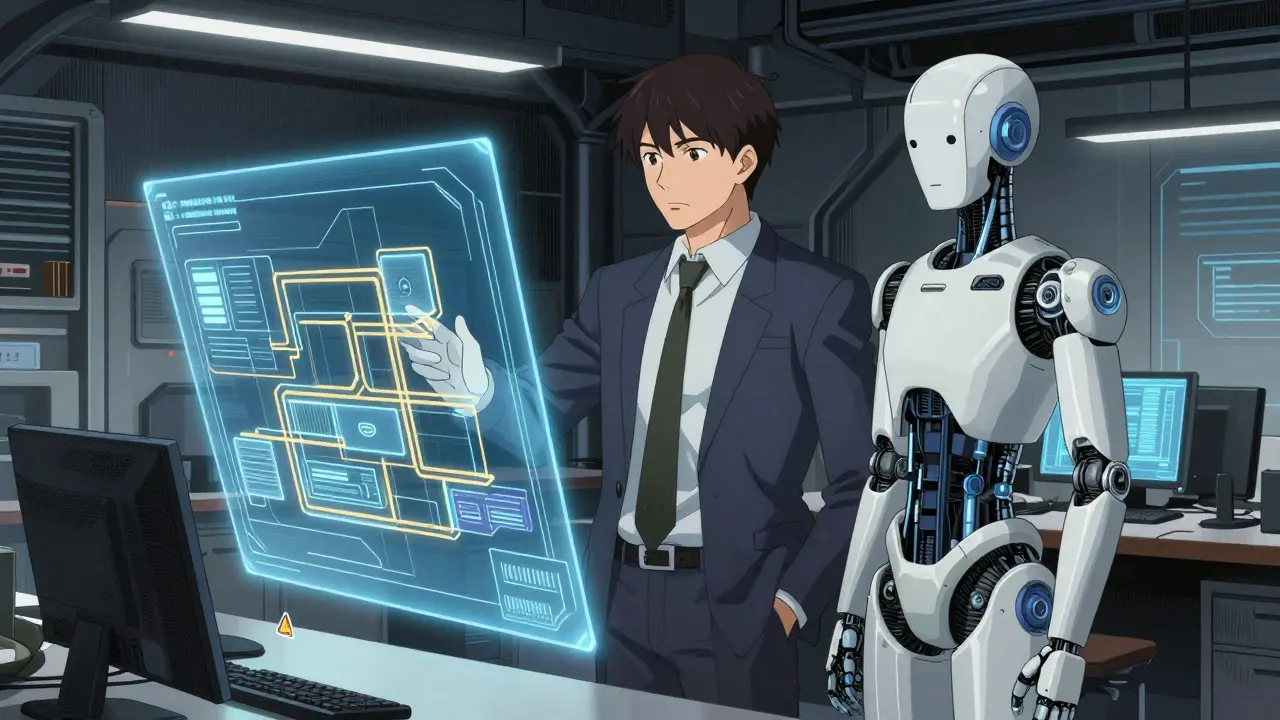 Architect and AI reviewing clean holographic code structures