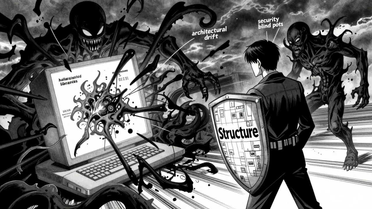 Architect defending against chaotic AI errors using structure in a gritty Gekiga scene