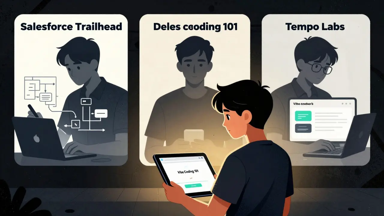 Beginner developer progressing through learning stages with AI coding tools and templates.