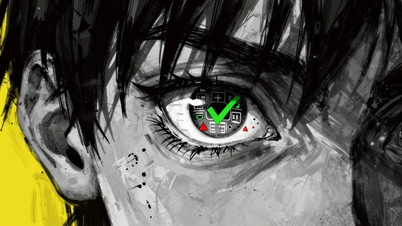 Close-up of reviewer's eye reflecting digital traps and error warnings
