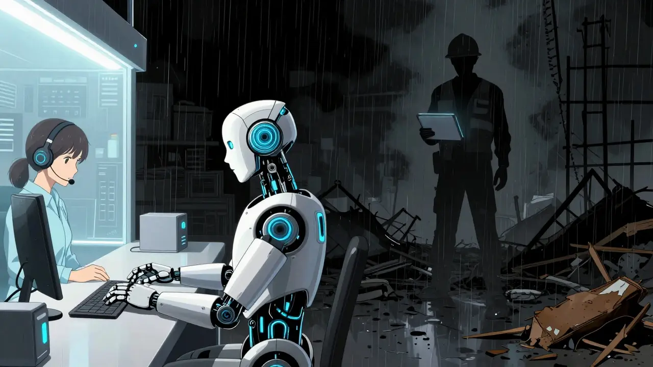 Contrast between high-tech AI adoption in services and isolated workers in traditional industries.