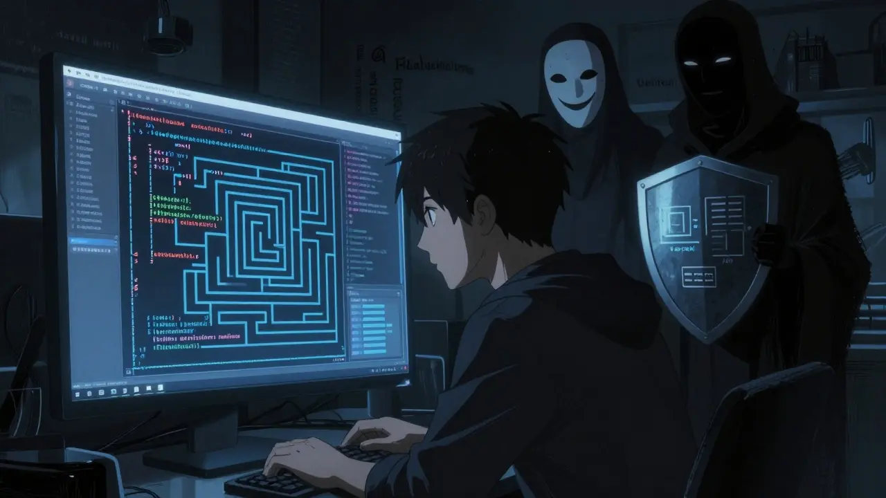Developer at monitor with shadowy figures of hallucination and truth behind