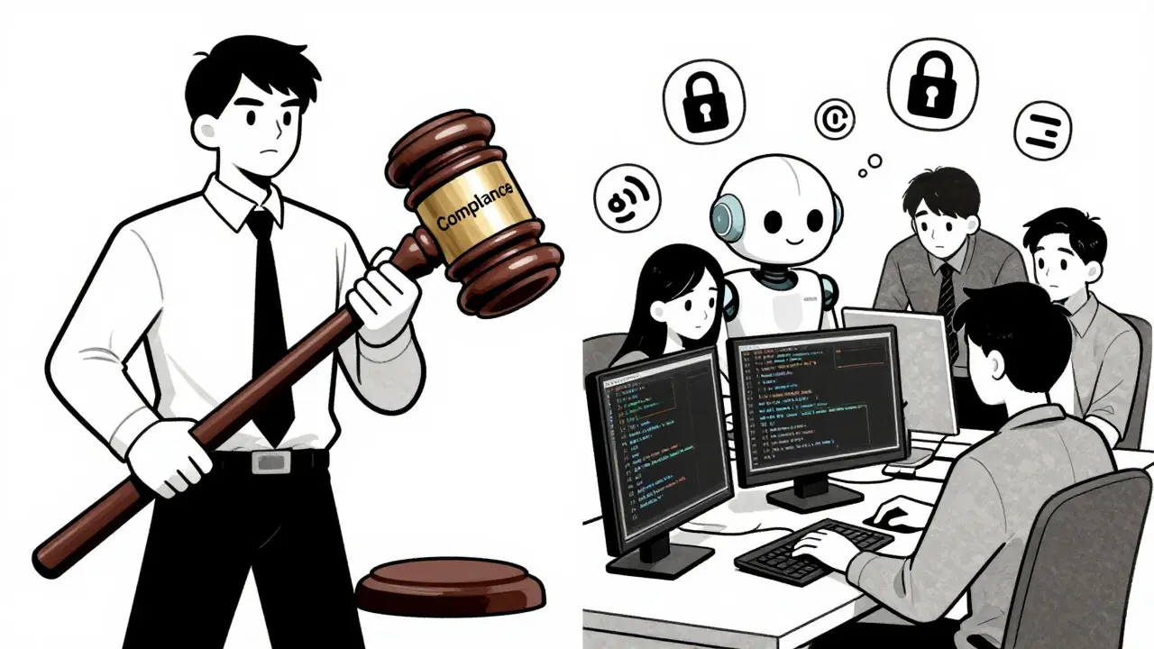 Developers collaborating with AI under compliance regulations in a dramatic Gekiga illustration.