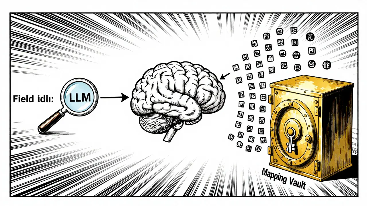 Diagram of deterministic tokenization separating PII from LLM processing