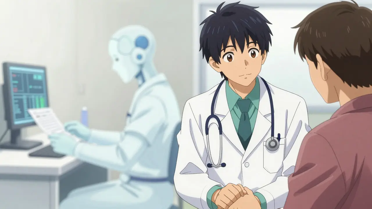 Doctor comforting patient while AI handles background tasks