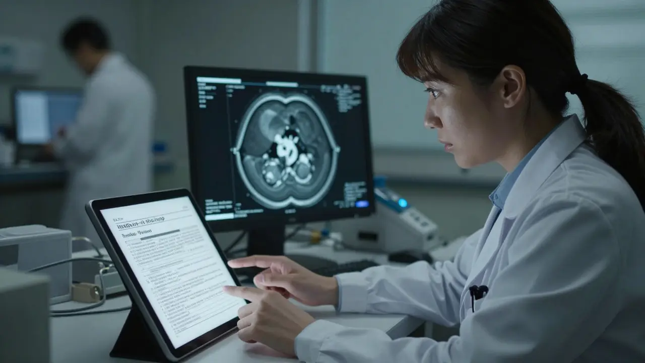 Doctor critically reviewing AI-generated radiology report on tablet