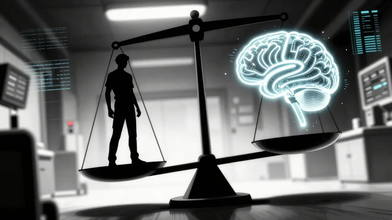 Dramatic scale weighing patient urgency against AI bias in triage