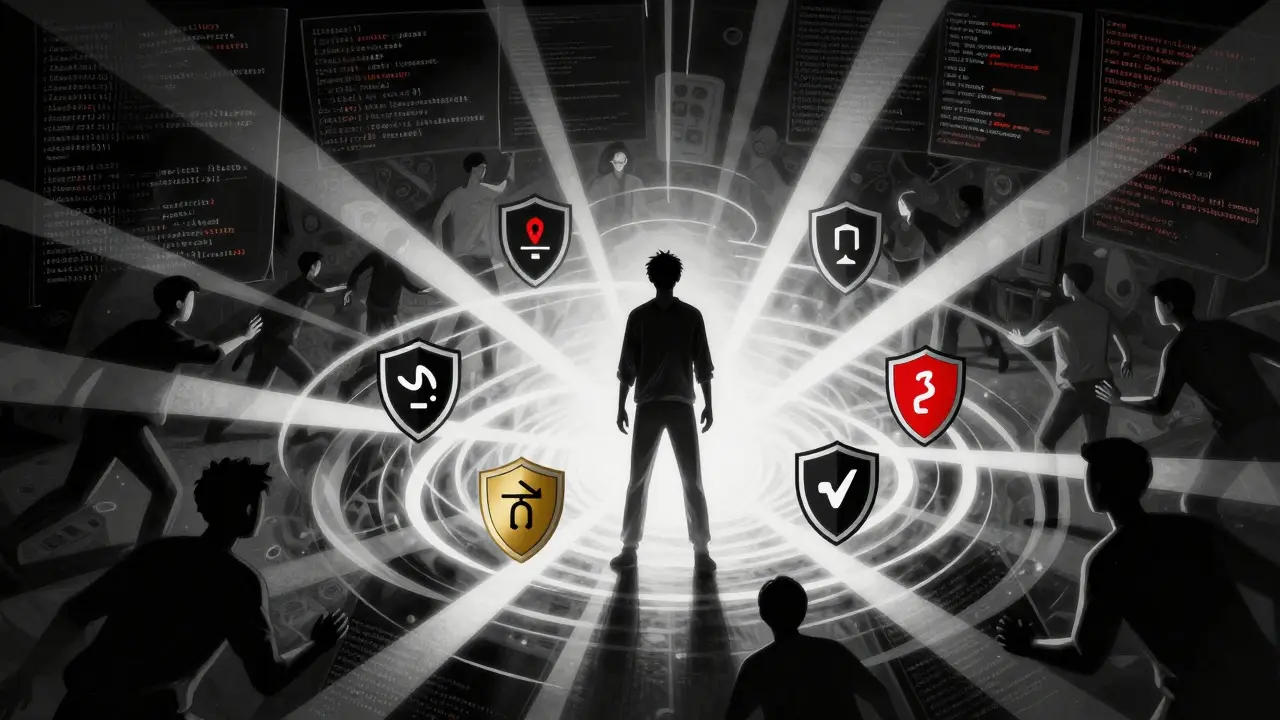 Dramatic scene of a developer surrounded by security shields and verified code templates.