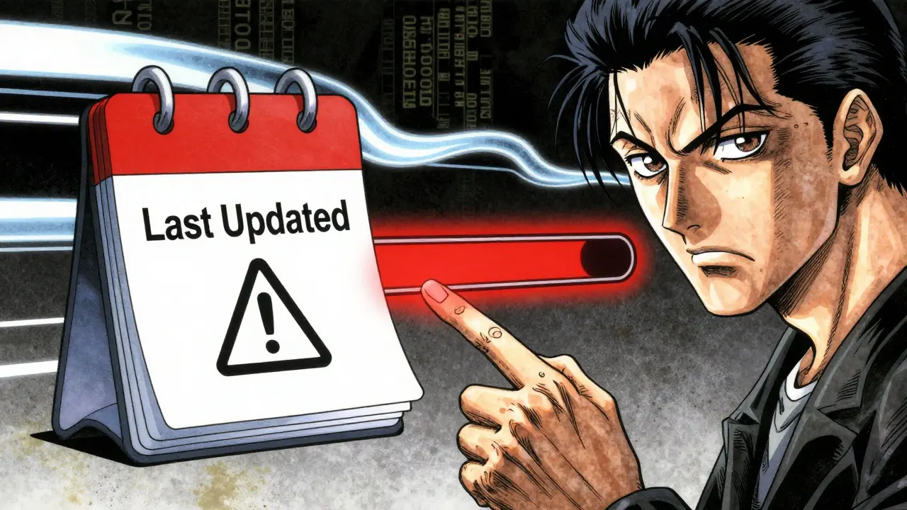 Gekiga illustration of a user checking update dates and red confidence score bars.