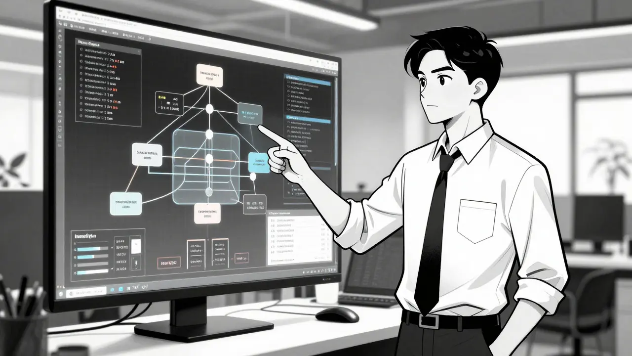 IT specialist collaborating with transparent AI interface in a modern office, Gekiga style