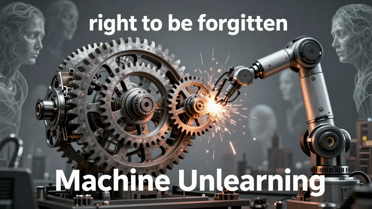 Manga art showing machine unlearning erasing data from a complex mechanical model.