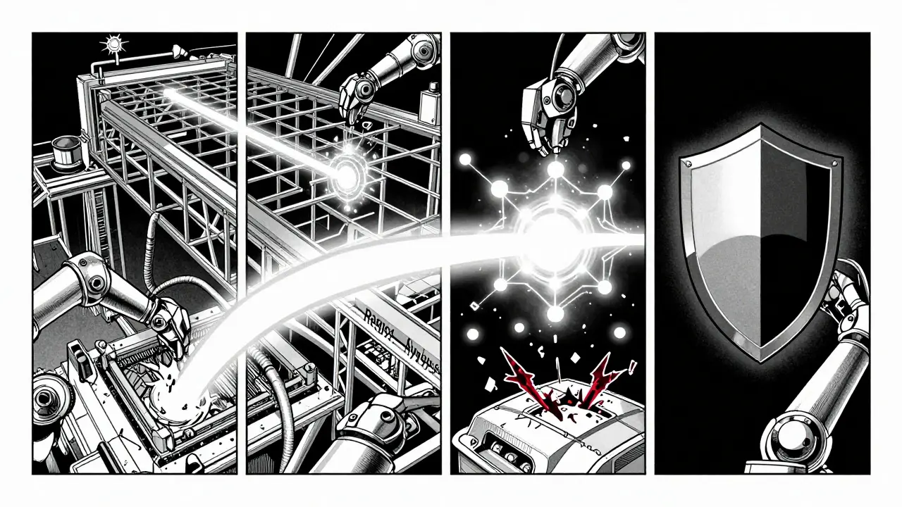 Manga style depiction of a multi-stage AI data validation pipeline