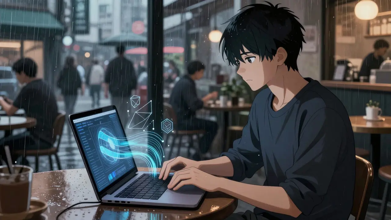 Mobile developer using efficient NPU laptop in cafe