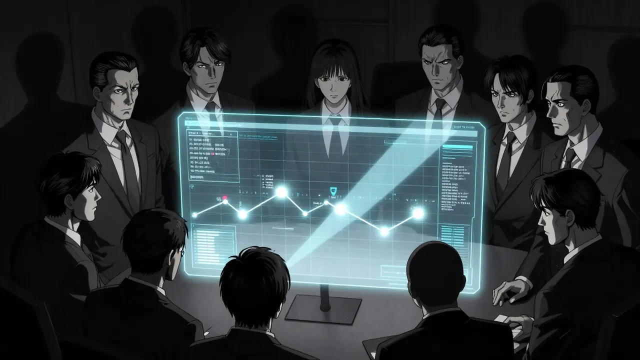 Noir-style Gekiga illustration of a diverse team analyzing an AI audit trail on a holographic display.